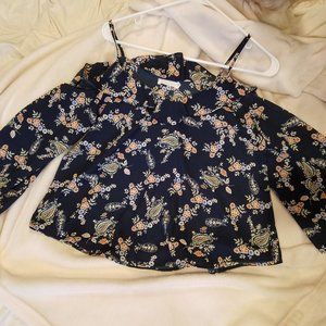 Lush Navy Blue Cold Shoulder Floral Blouse Top